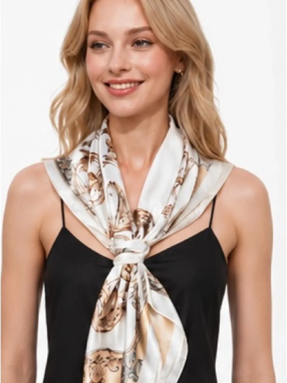 Elegant White & Beige Scroll-Print Silk Scarf